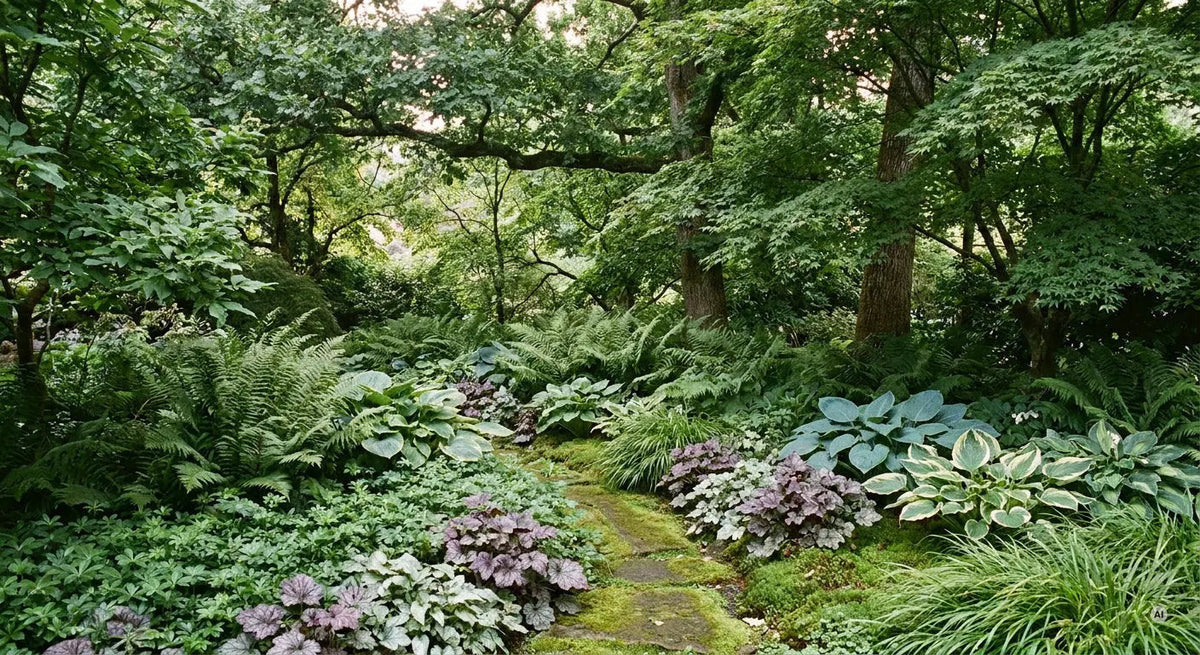 Schattengarten mit Funkien, Farnen und Bodendeckern unter lichtem Blätterdach