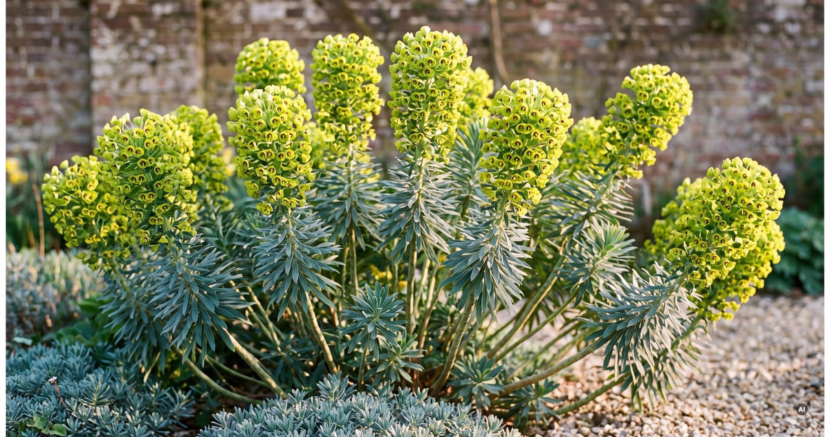 Mittelmeer-Wolfsmilch im Fruehjahrsbeet mit grossen gelbgruenen Bluetenstaenden ueber blaugruenem Laub
