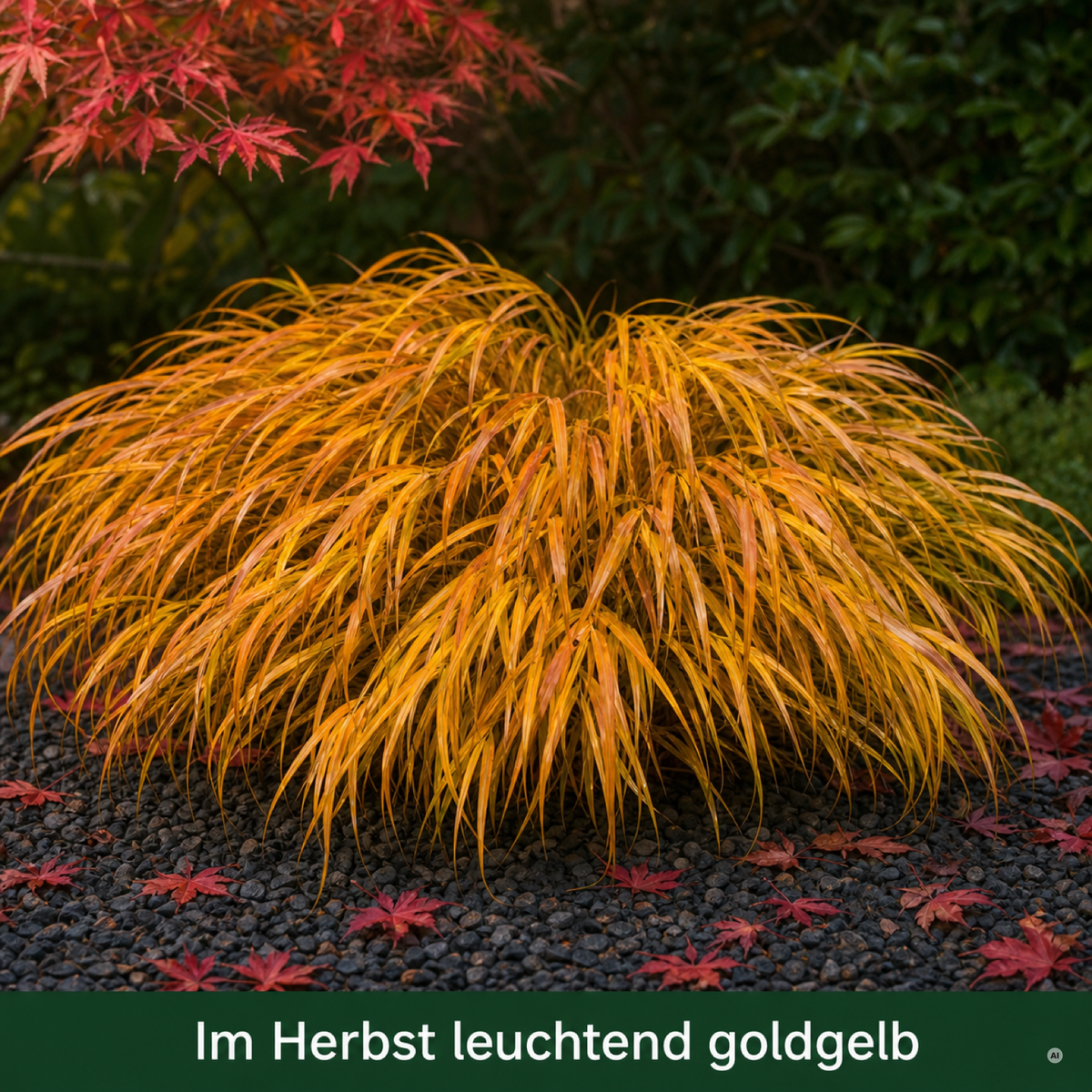 Japanisches Berggras im Herbst in Goldgelb bis Kupfer, dahinter ein roter Fächerahorn