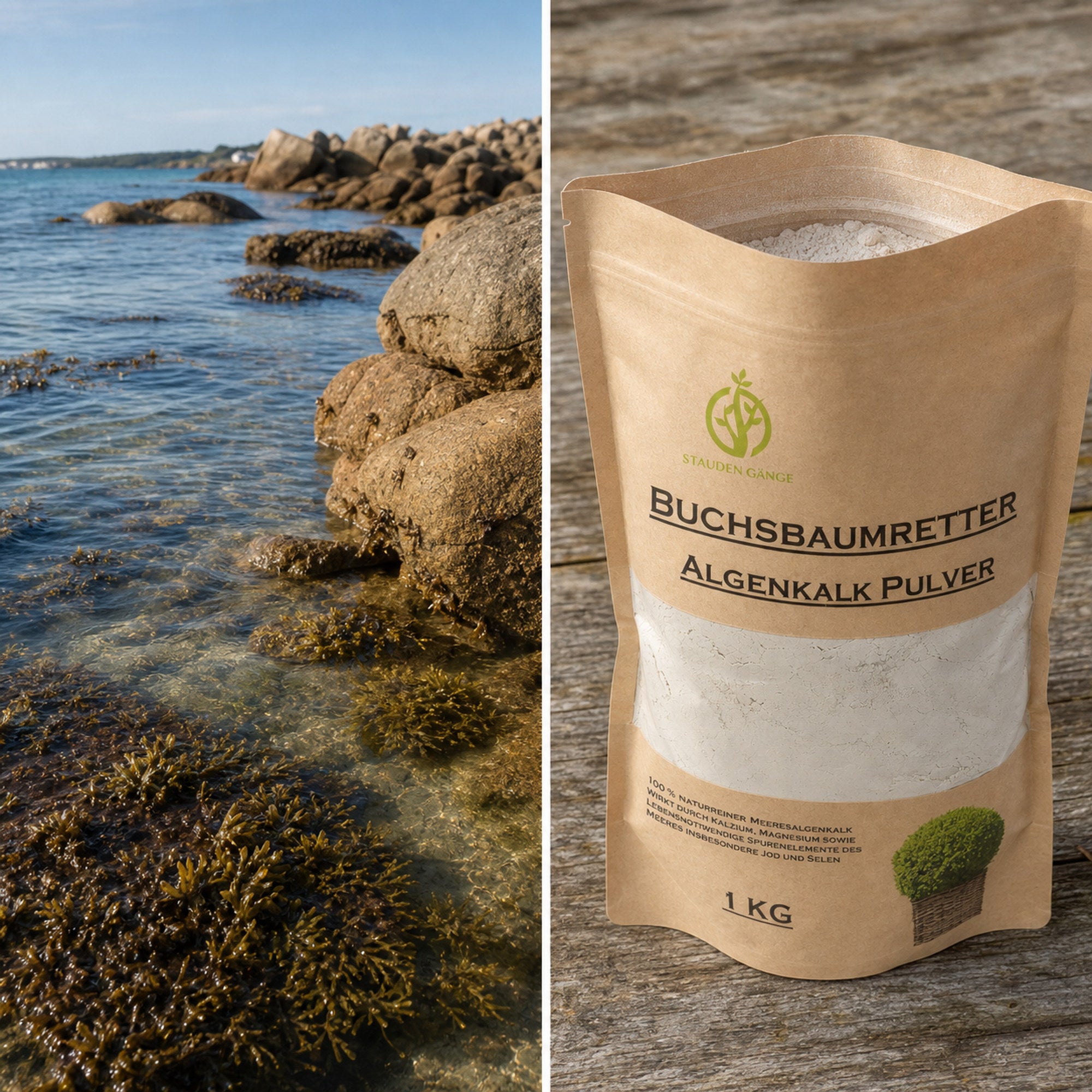 Bretonische Küste mit Meeresalgen und der Papierbeutel Algenkalk Pulver 1 kg
