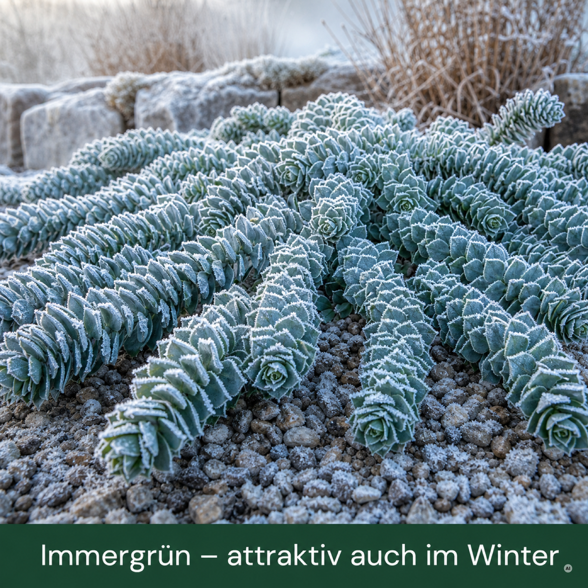Walzen-Wolfsmilch mit Raureif überzogen – immergrün und auch im Winter attraktiv