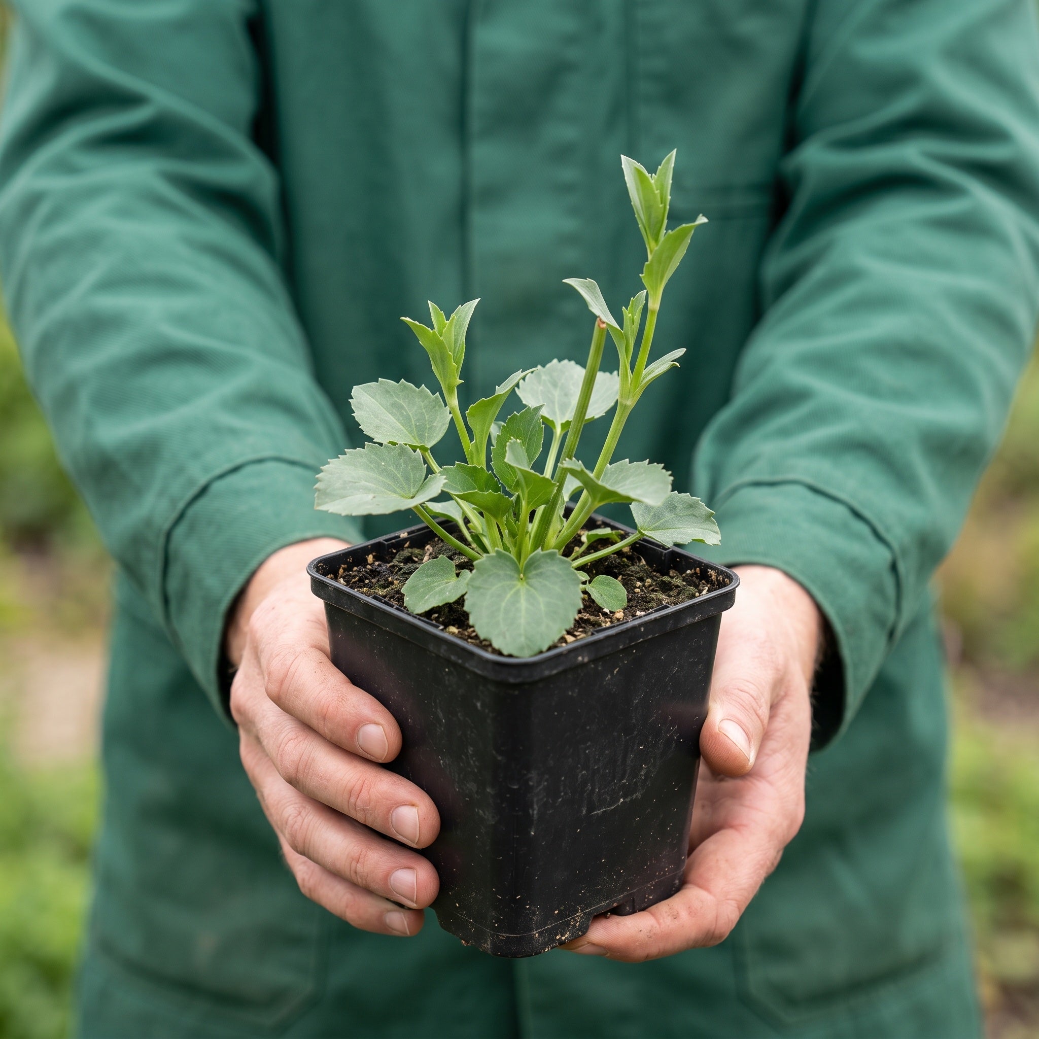 Zwei Hände halten den eckigen schwarzen 9 × 9 cm Topf mit einer kräftigen Jungpflanze von Eryngium planum