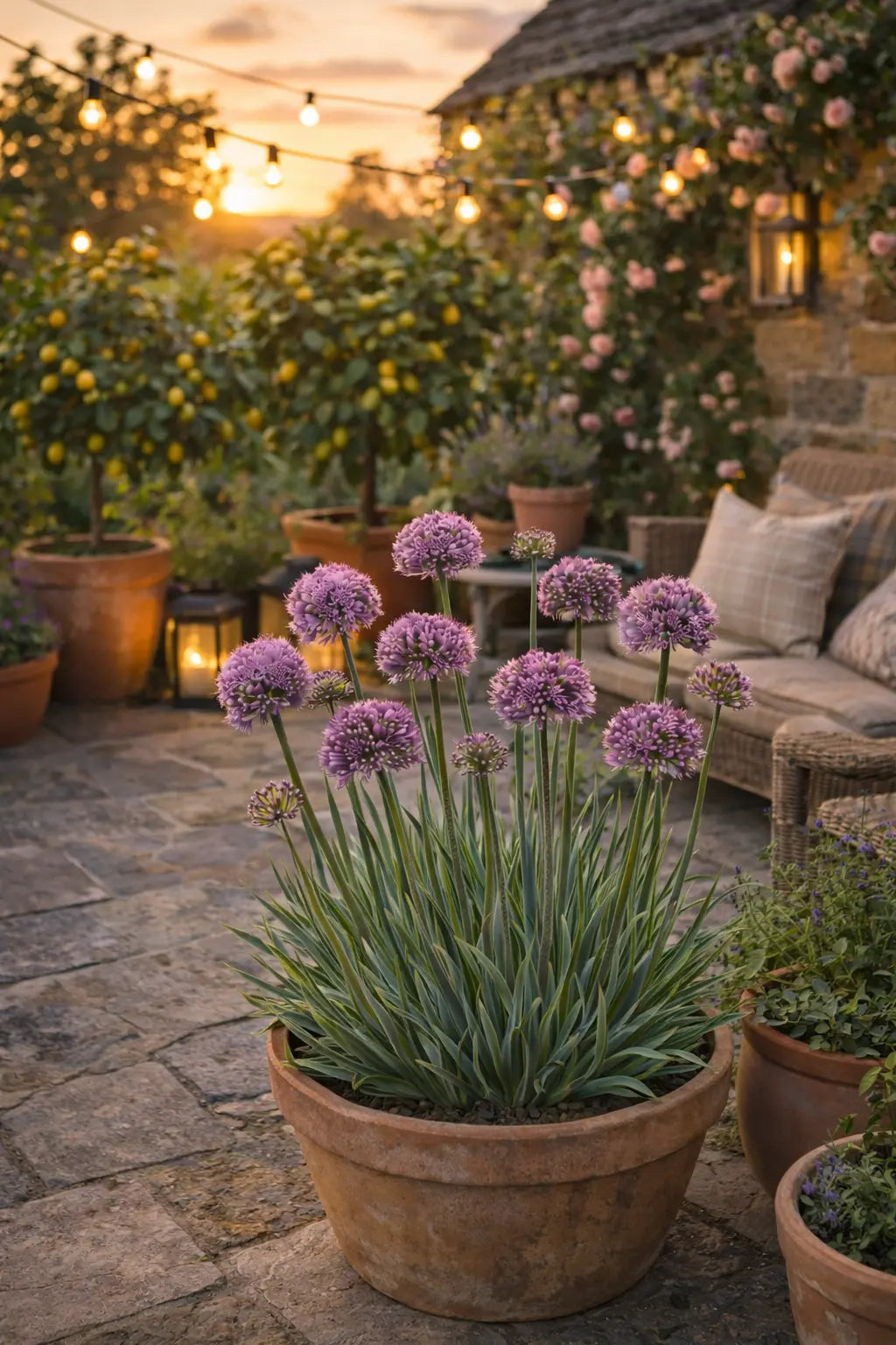 Blaue Allium ‚Kleiner Saphir‘ Zierlauch Staude von Stauden Gänge, mit langen grünen Blättern und blauen Blüten.