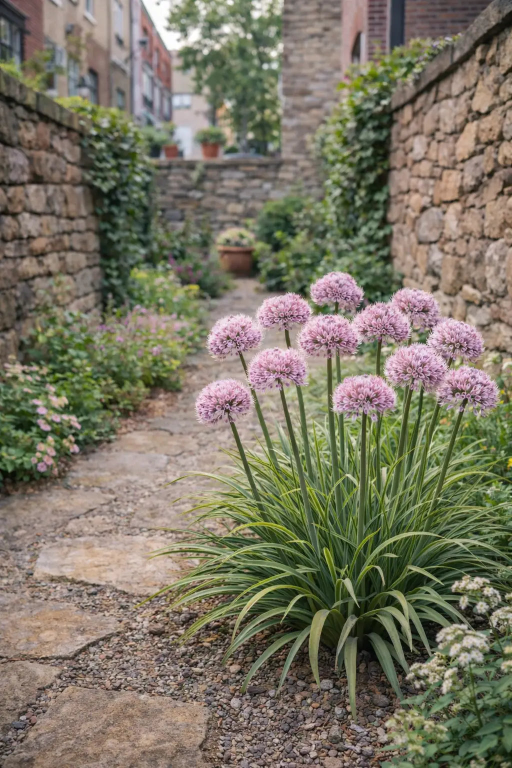 Allium ‚Kleiner Saphir‘ Zierlauch Staude von Stauden Gänge, violette Blütenkugel in Gartenbeet, fröhliche Frühlingsblume
