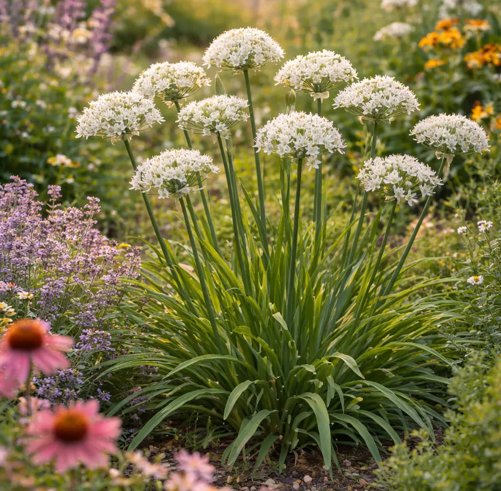 Bunte Allium Zierlauch Staude 'Cliffs of Dover' von Stauden Gänge mit langen grünen Blättern und blühenden rosa-lila Kugelblüten.