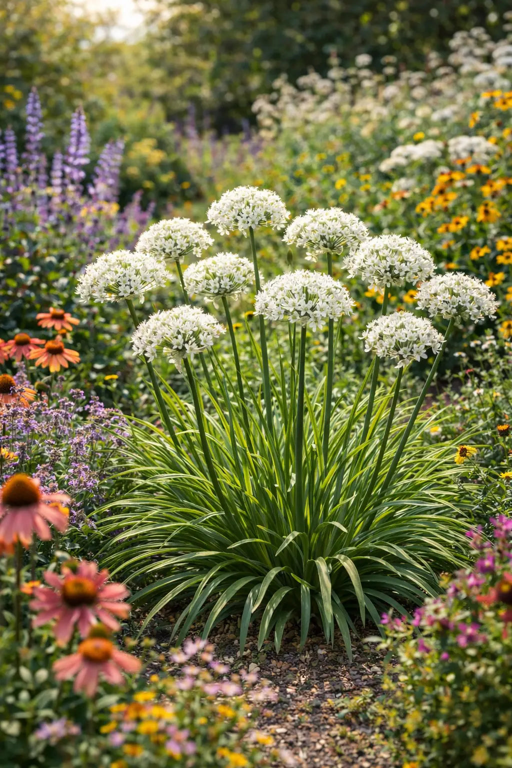 Bunte Allium-Zierlauch Staude 'Cliffs of Dover' von Stauden Gänge mit länglichen Blütenständen und grünen Blättern