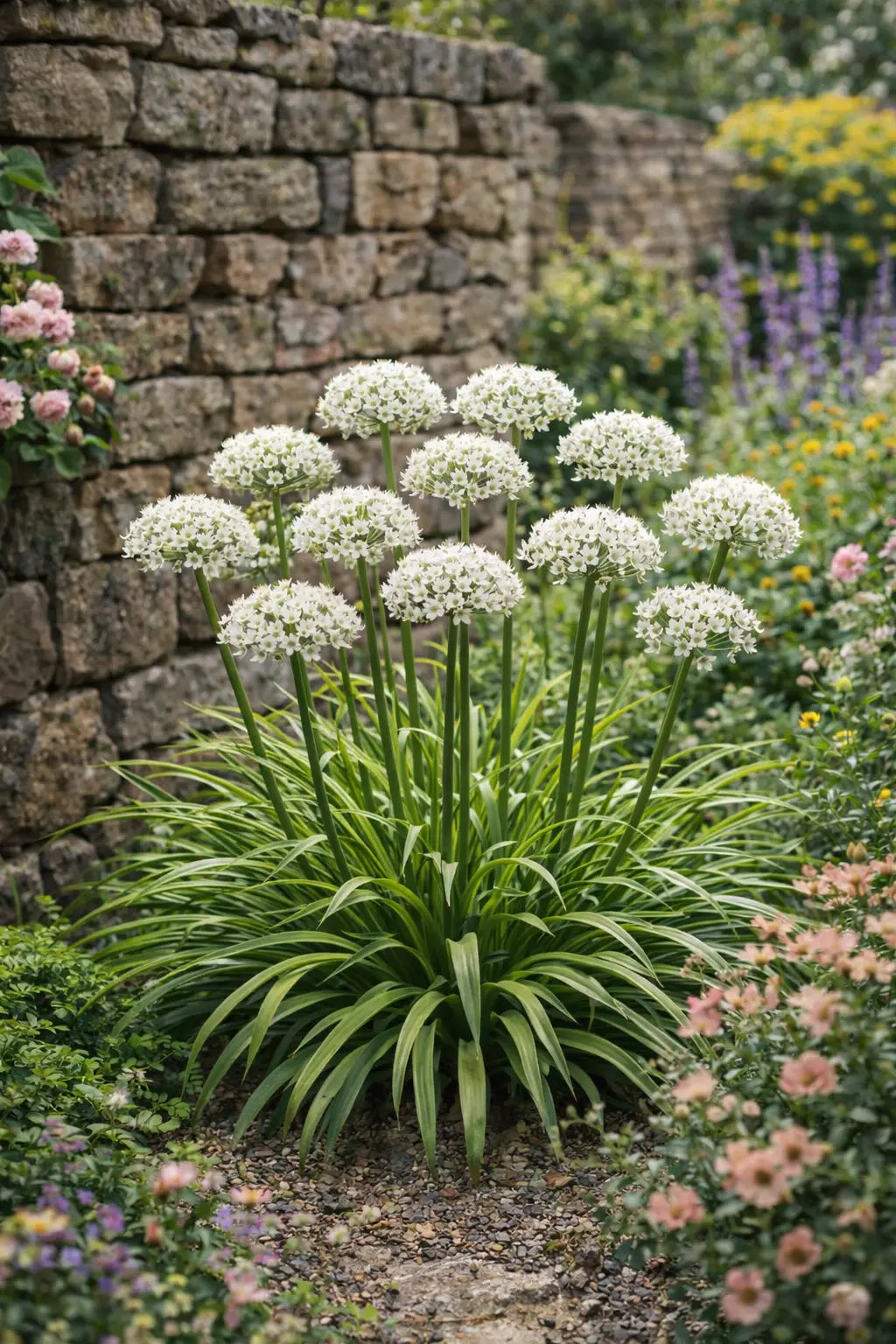 Blühende Allium 'Cliffs of Dover' Zierlauch Staude mit weißen Blüten, Pflanzen im Garten, Stauden Gänge.