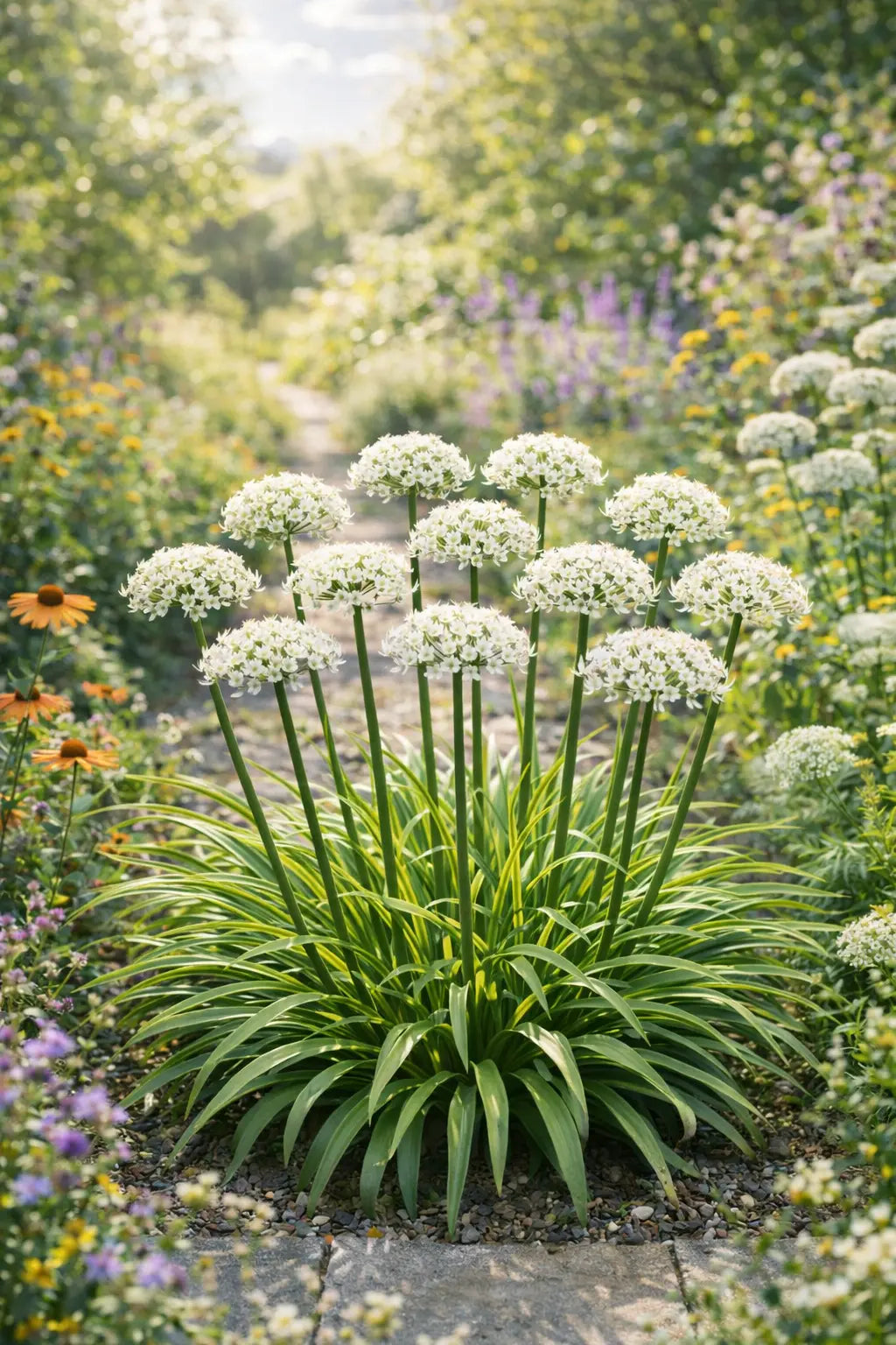 Allium 'Cliffs of Dover' Zierlauch Staude mit weißen Blüten, prominent im Garten, von Stauden Gänge.