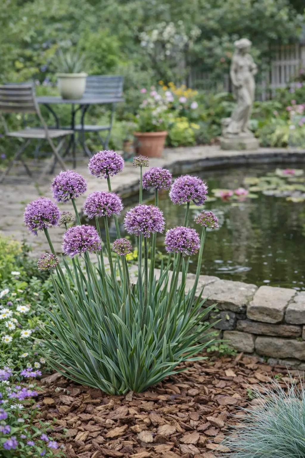 Zierlauch Allium ‚Kleiner Saphir‘ Staude mit blauen Blüten, wächst auf einem Gartenboden, von Stauden Gänge.