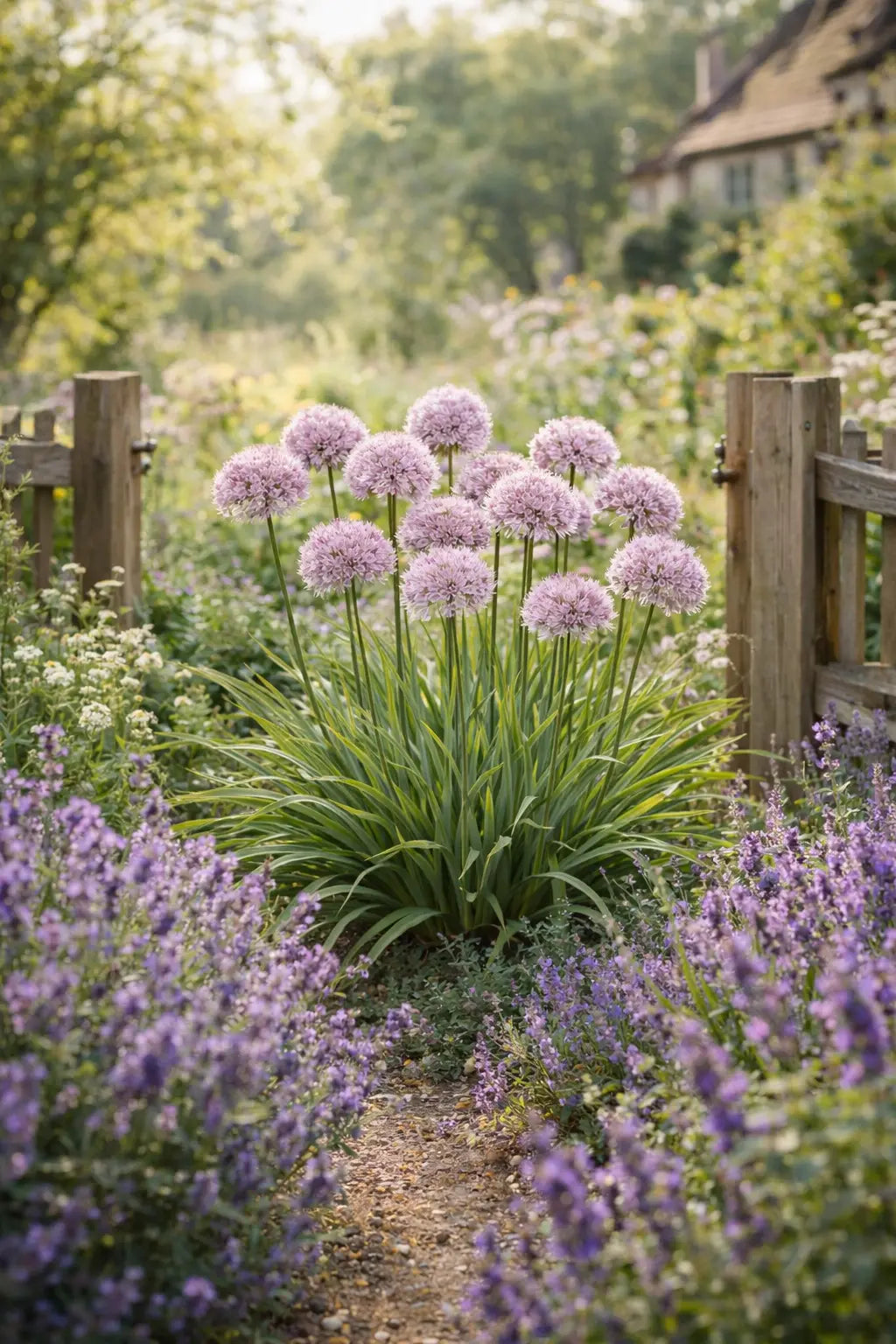 Bunte Allium ‚In Orbit‘ Zierlauch Staude mit runden Blütenständen, wächst in einem Garten, von Stauden Gänge.