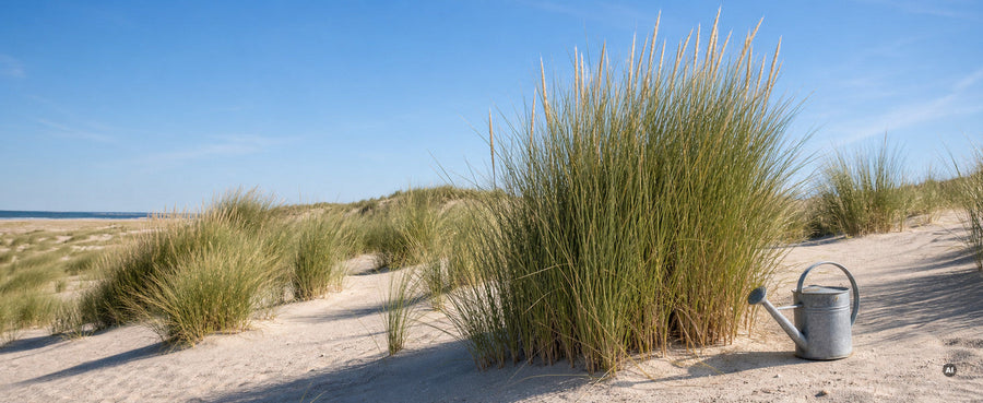Vitaler Strandhafer auf trockenem Sand in praller Sonne, daneben eine unbenutzte Gießkanne