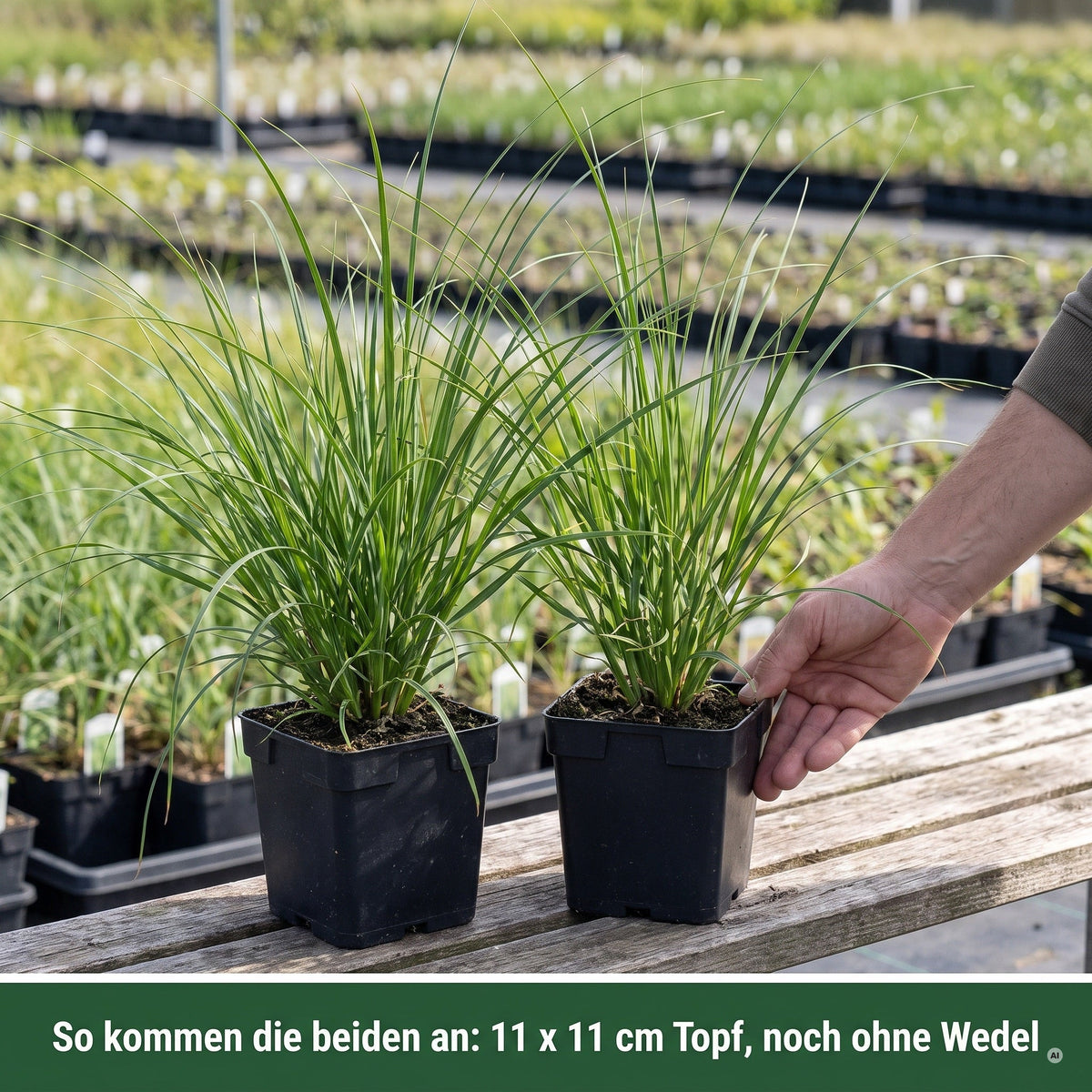 Lieferzustand: zwei Jungpflanzen in eckigen schwarzen 11 x 11 cm Töpfen, noch ohne Blütenwedel