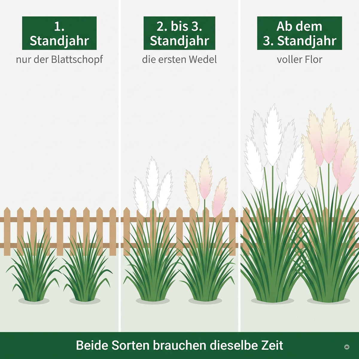 Entwicklung in drei Standjahren: erst der Blattschopf, dann die ersten Wedel, ab dem dritten Jahr voller Flor