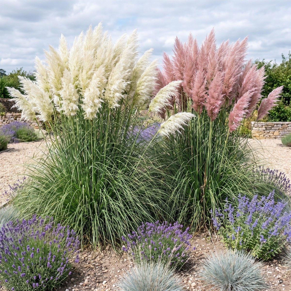 Weißes und rosa Pampasgras im Kiesbeet mit Lavendel, Perovskia und Blauschwingel