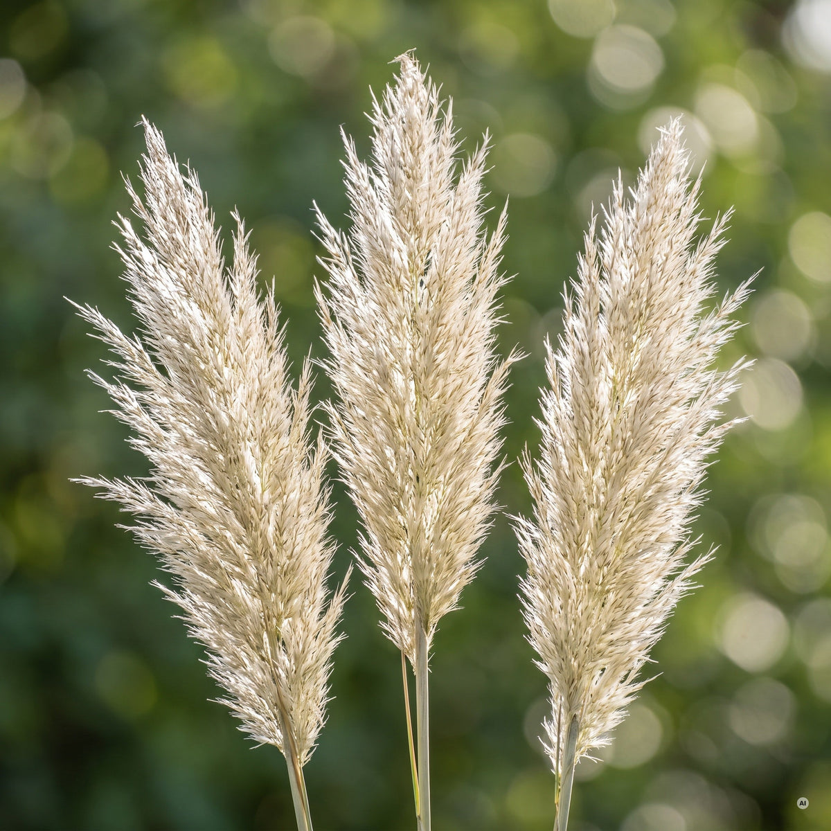 Cremeweiße Federwedel von Cortaderia selloana 'Pumila' im Gegenlicht, Nahaufnahme mit silbrigem Schimmer