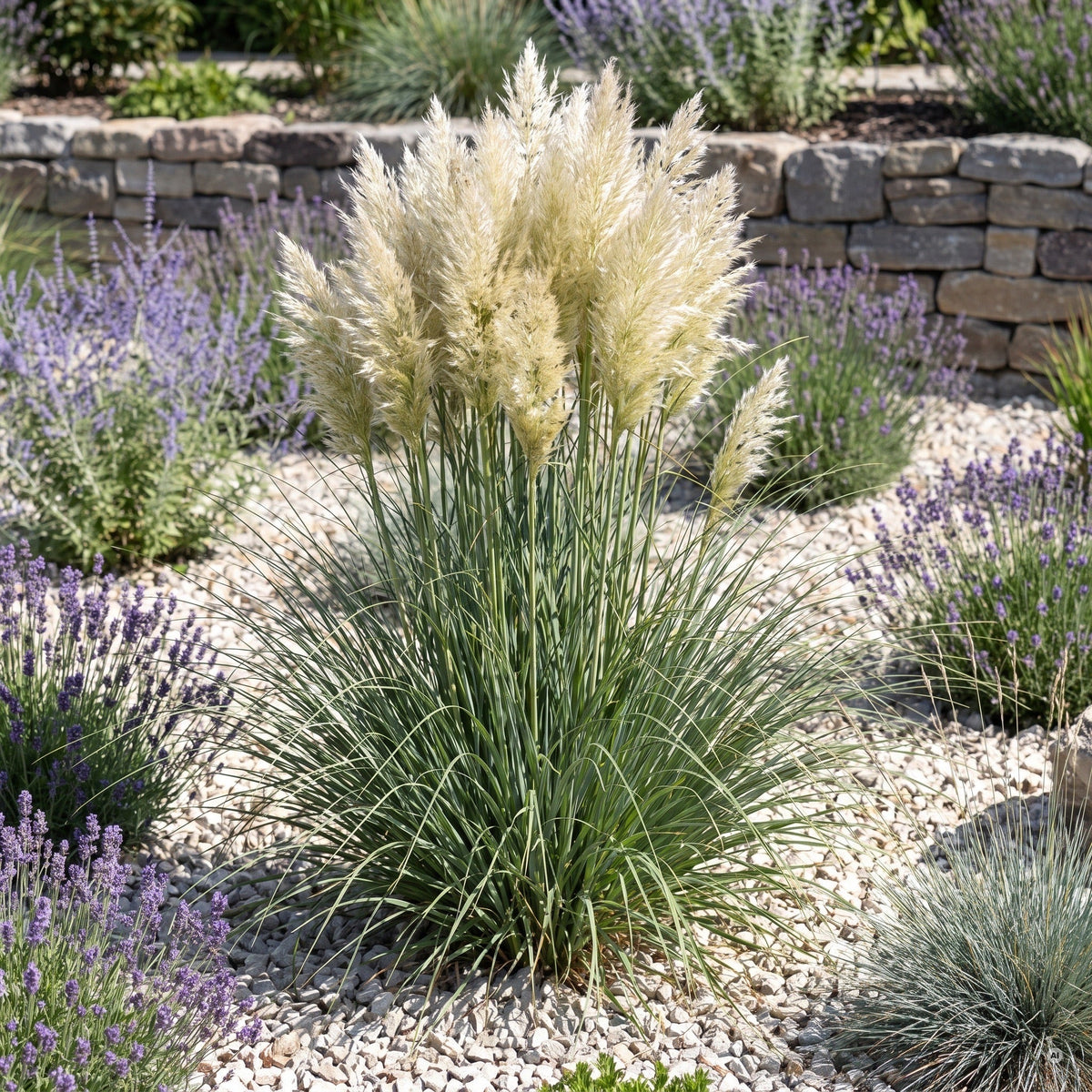Cortaderia selloana 'Pumila' im sonnigen Kiesbeet mit Lavendel und Blauschwingel, Trockenmauer im Hintergrund
