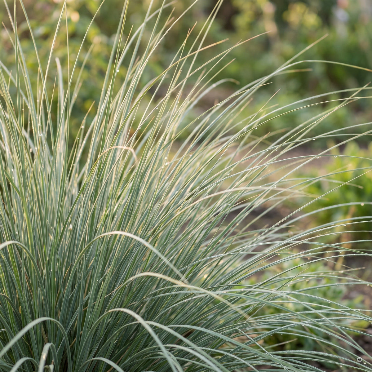 Schmale grau-grüne überhängende Blätter von Cortaderia selloana 'Pumila', Nahaufnahme des Horstes ohne Blüte
