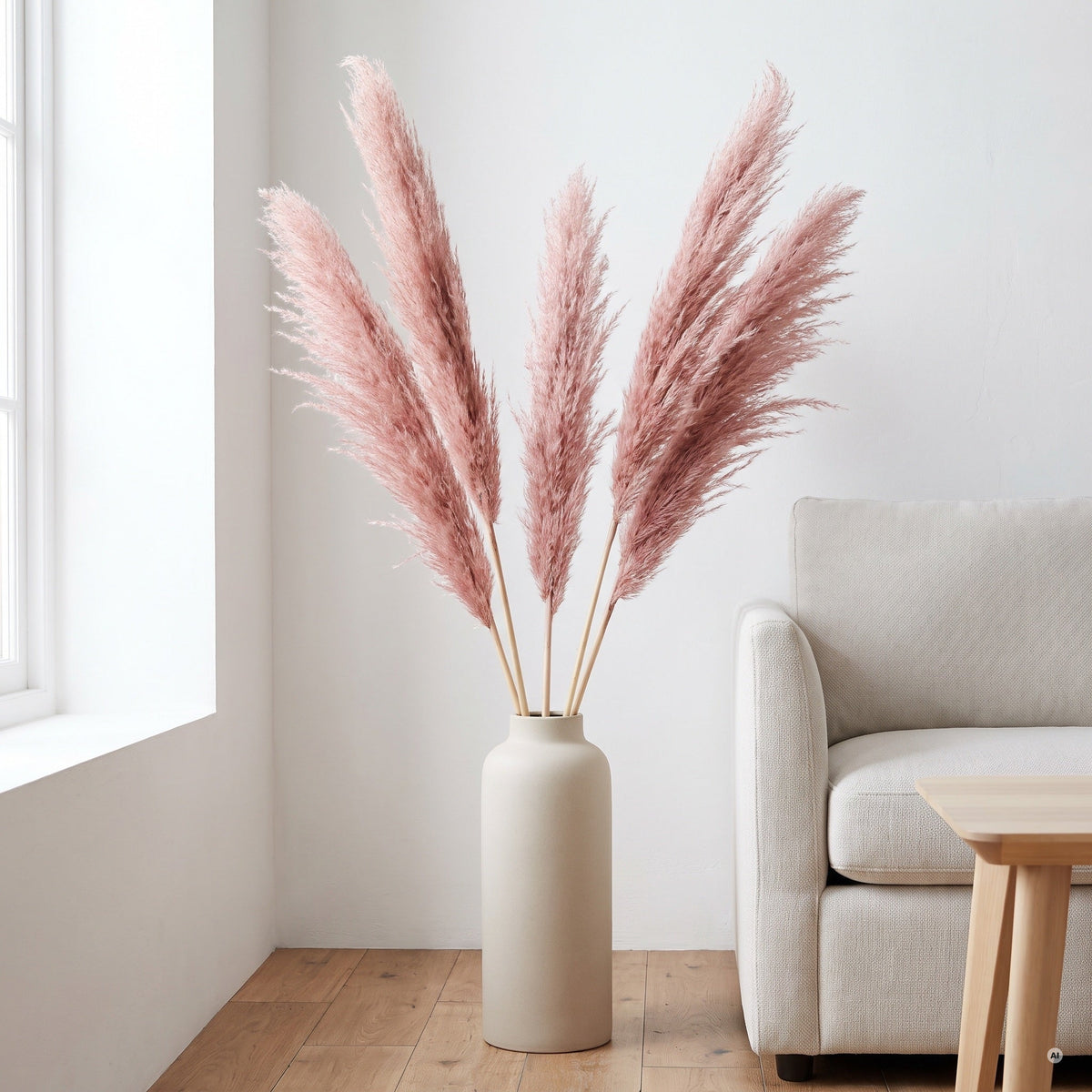 Geschnittene Wedel des rosa Pampasgrases Cortaderia selloana 'Rosea' als Trockendeko in einer hellen Bodenvase.
