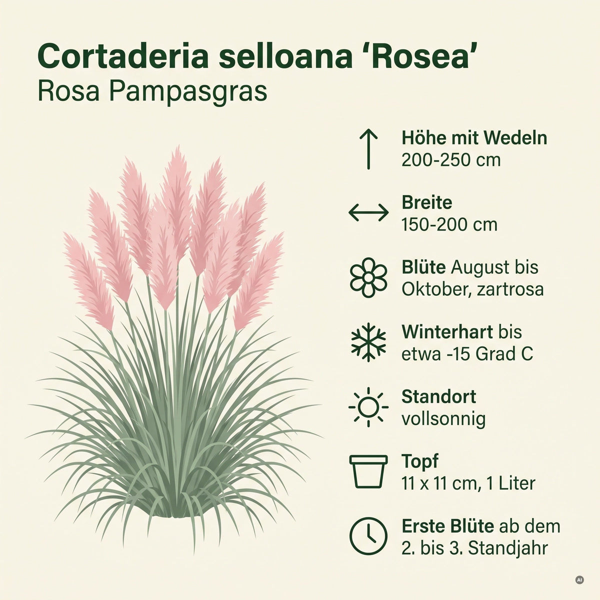 Steckbrief Cortaderia selloana 'Rosea' von Stauden Gänge: 200 bis 250 cm hoch, Blüte August bis Oktober, winterhart bis etwa −15 °C, 11 x 11 cm Topf.