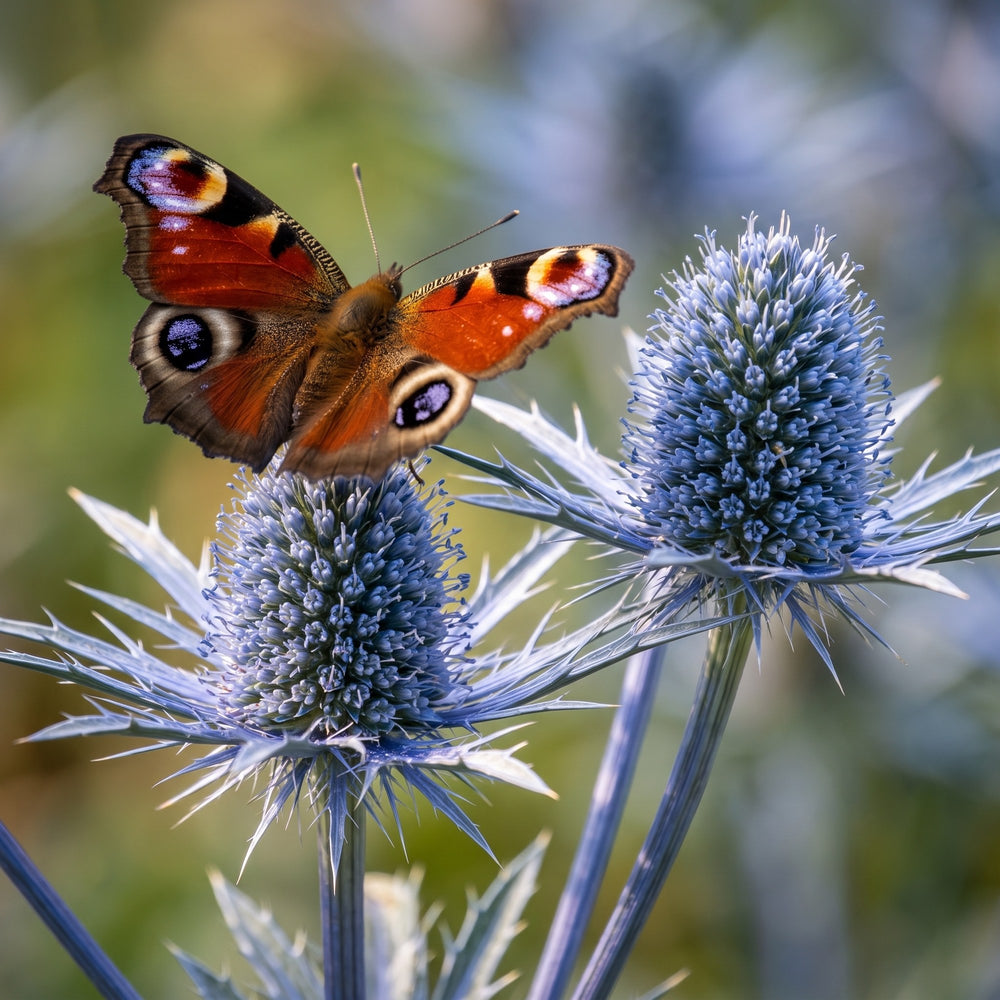 Makro eines stahlblauen Blütenkopfs mit stachligem Hüllblattkranz