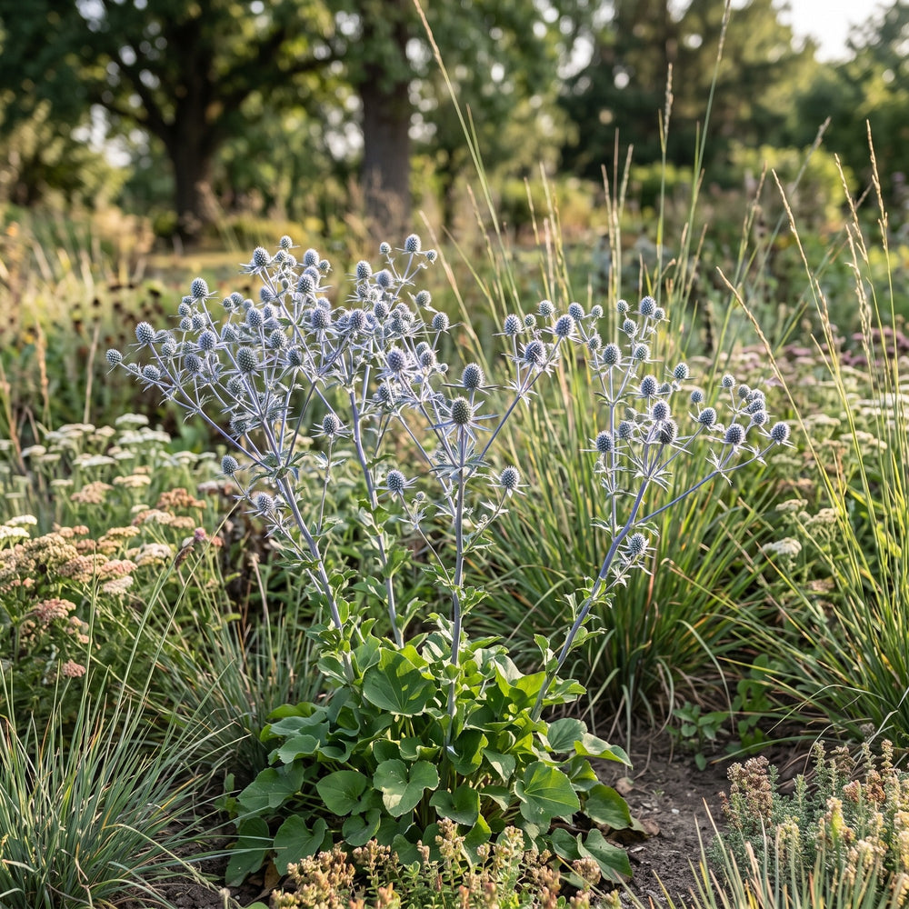 Eryngium planum zwischen Ziergräsern auf magerem, durchlässigem Boden