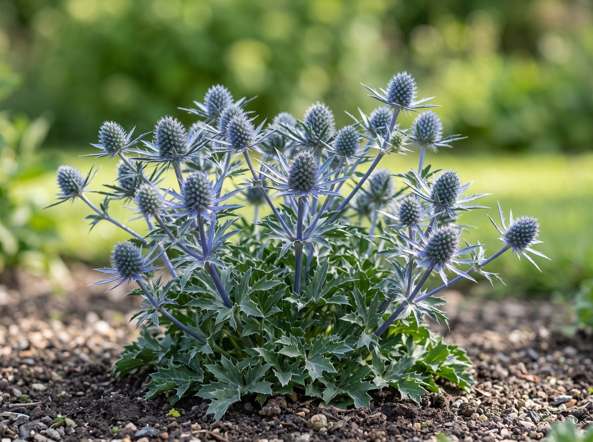 Kompakter Horst von Eryngium planum 'Blue Hobbit'