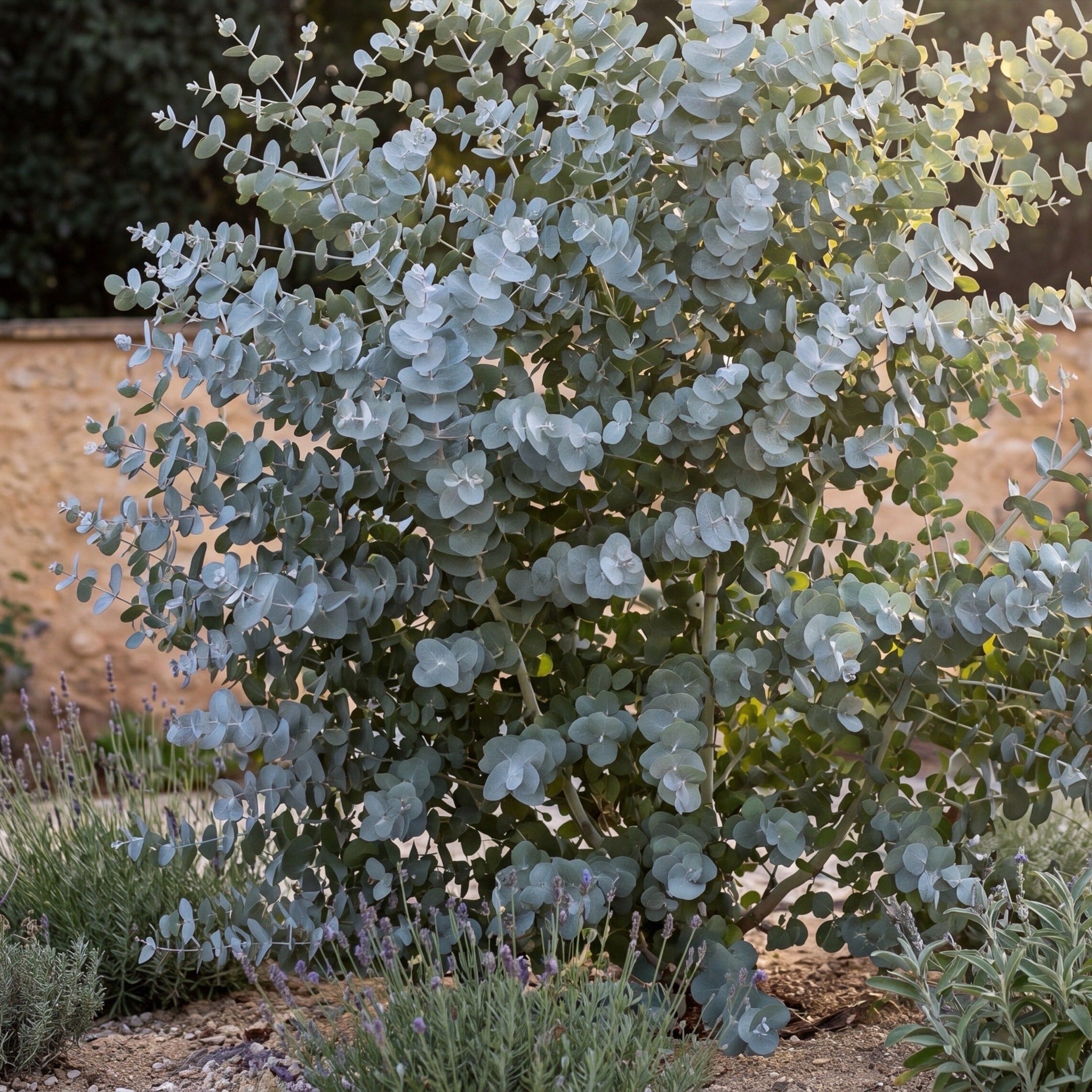 Eucalyptus gunnii als geschnittener Solitär im mediterranen Beet, silbrig-blaues Laub