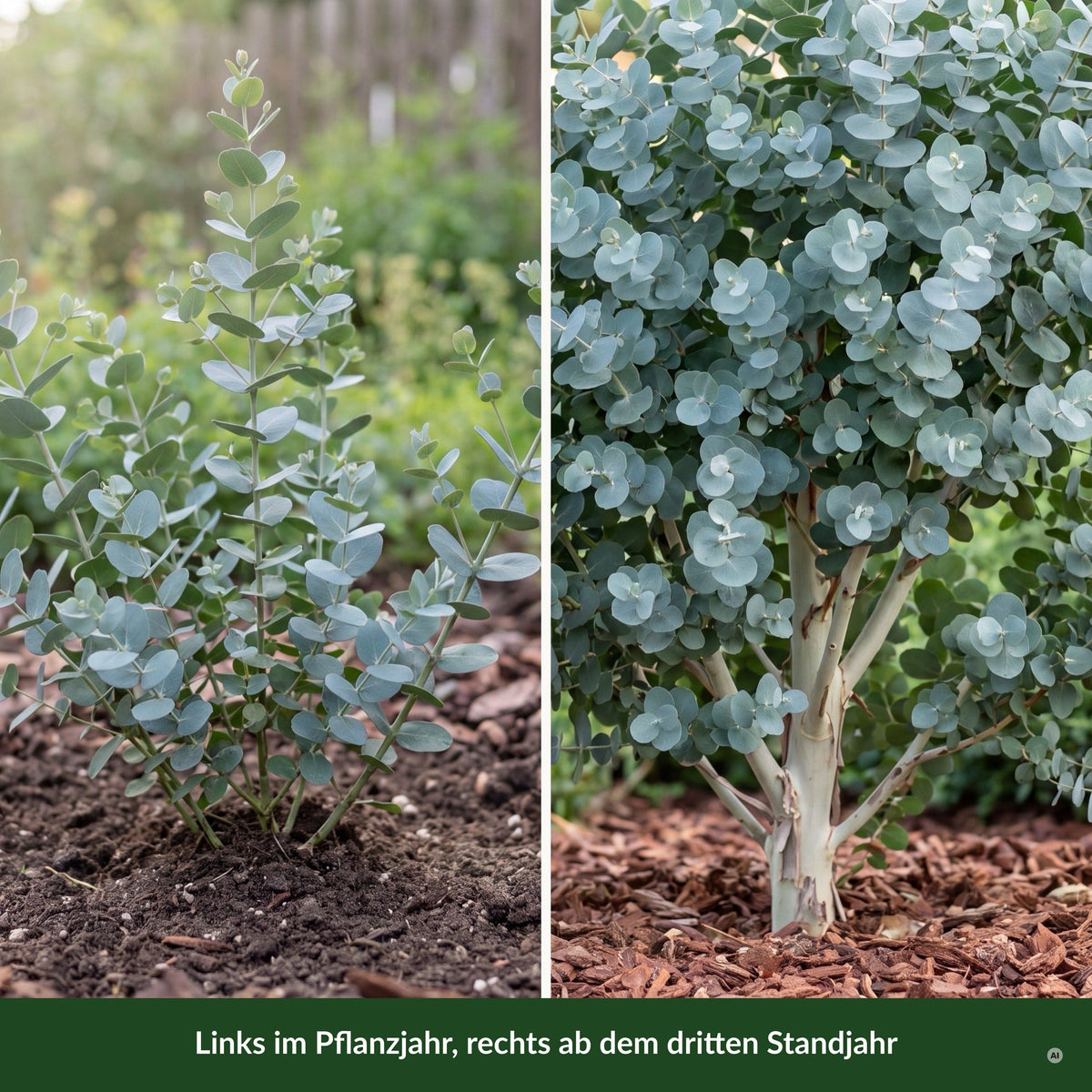 Eucalyptus gunnii im Vergleich: links im Pflanzjahr, rechts ab dem dritten Standjahr