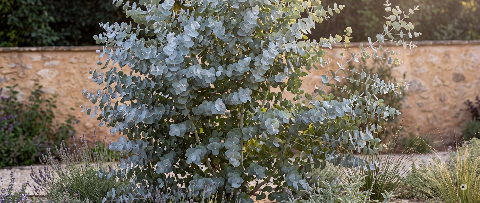Eucalyptus gunnii als silbrig-blauer Solitär im sonnigen Beet vor einer Natursteinmauer