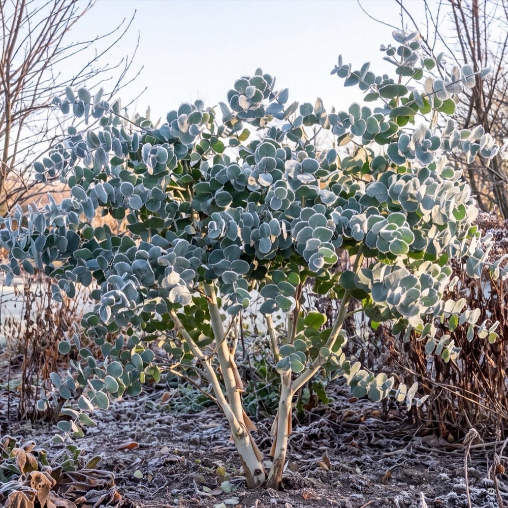 Raureif auf dem silbrig-blauen Laub von Eucalyptus gunnii, ringsum kahle Gehölze