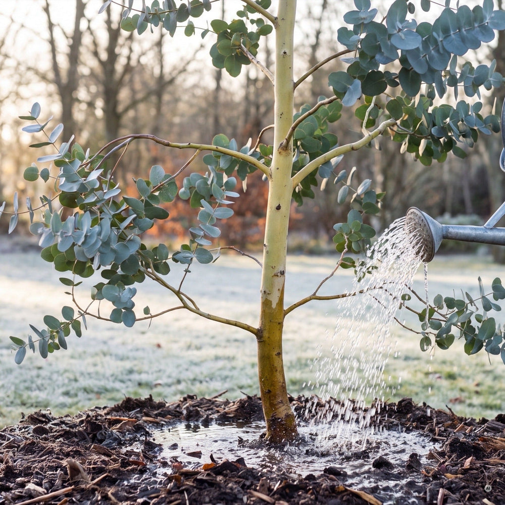 Gießkanne wässert an einem frostfreien Wintertag die Wurzelscheibe von Eucalyptus gunnii