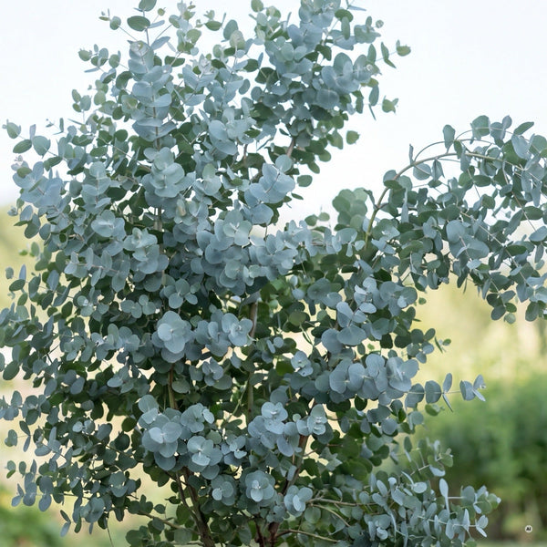 Dichte, silbrig-blaue Krone von Eucalyptus gunnii aus der Nähe