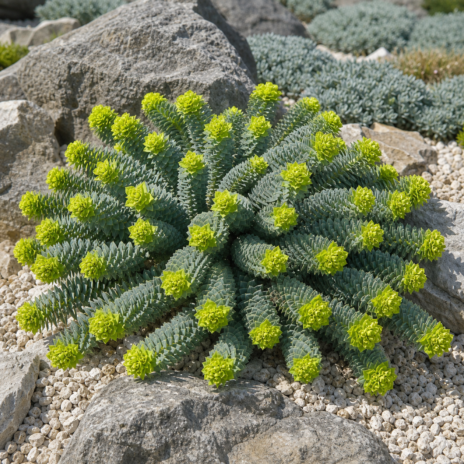 Euphorbia myrsinites als runder Horst zwischen Steinen im sonnigen Kiesbeet