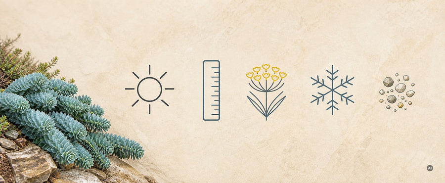 Schnellfakten-Grafik zur Walzen-Wolfsmilch mit Symbolen für Sonne, Wuchshöhe, Blüte, Winterhärte und mageren Boden.