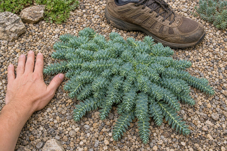 Polster der Walzen-Wolfsmilch neben einer Hand und einem Gartenschuh als Größenmaßstab.