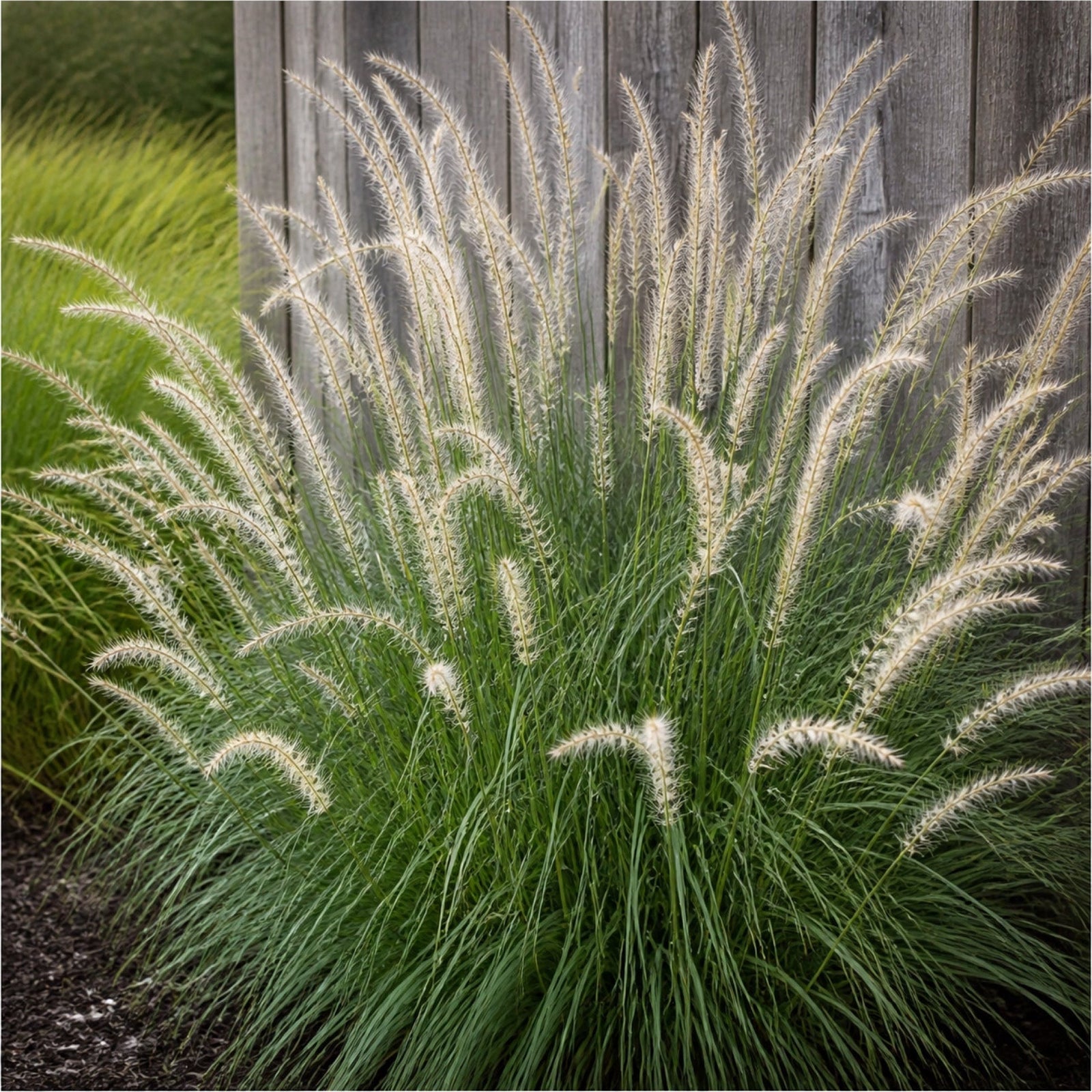Pennisetum 'Fairy Tails' mit hellen Federähren vor einer Holzwand