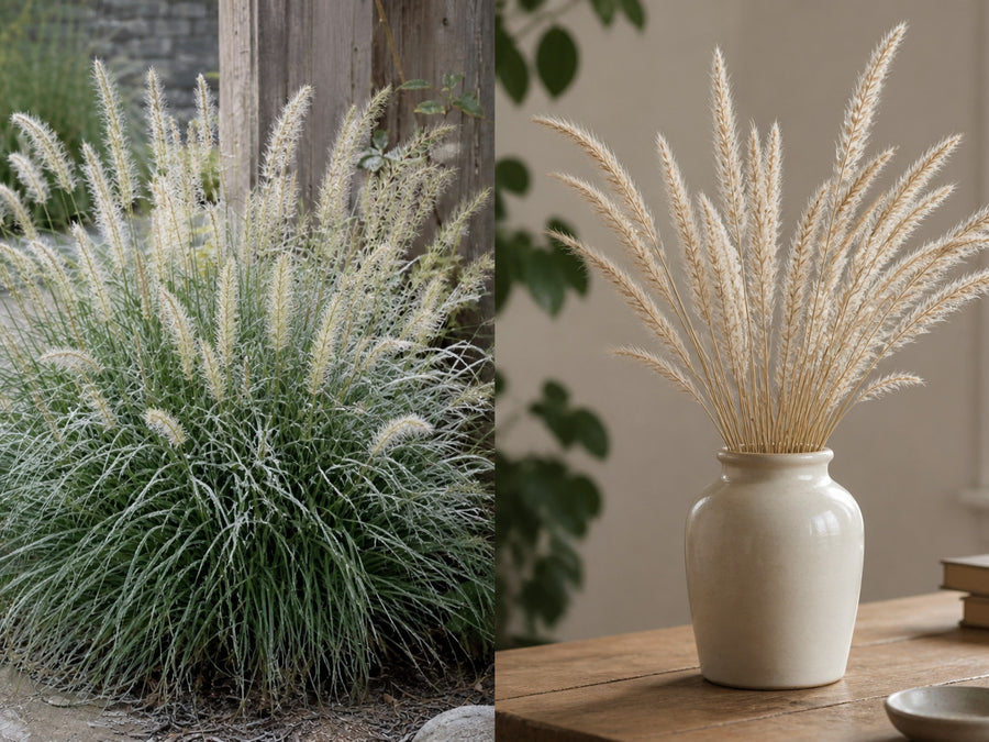 Getrocknete Federähren von Pennisetum 'Fairy Tails' in einer schlichten Vase
