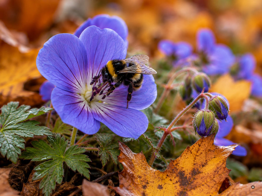 Hummel auf der violettblauen Blüte von Geranium 'Rozanne' zwischen Herbstlaub