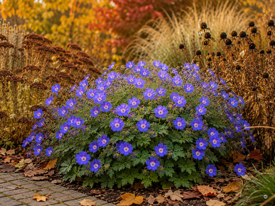 Geranium 'Rozanne' im Herbst mit rötlich gefärbtem Laub und späten Blüten