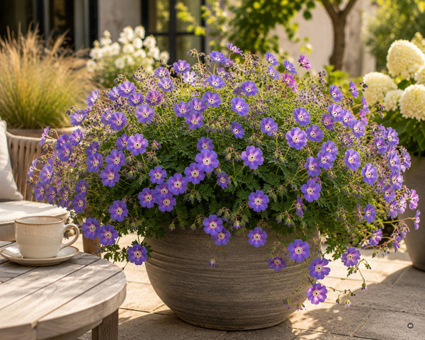 Geranium 'Rozanne' im Kübel auf der Terrasse