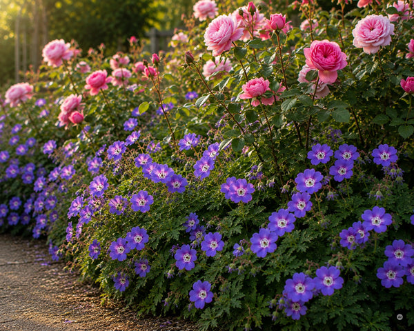 Geranium 'Rozanne' als blaue Einfassung am Gartenweg