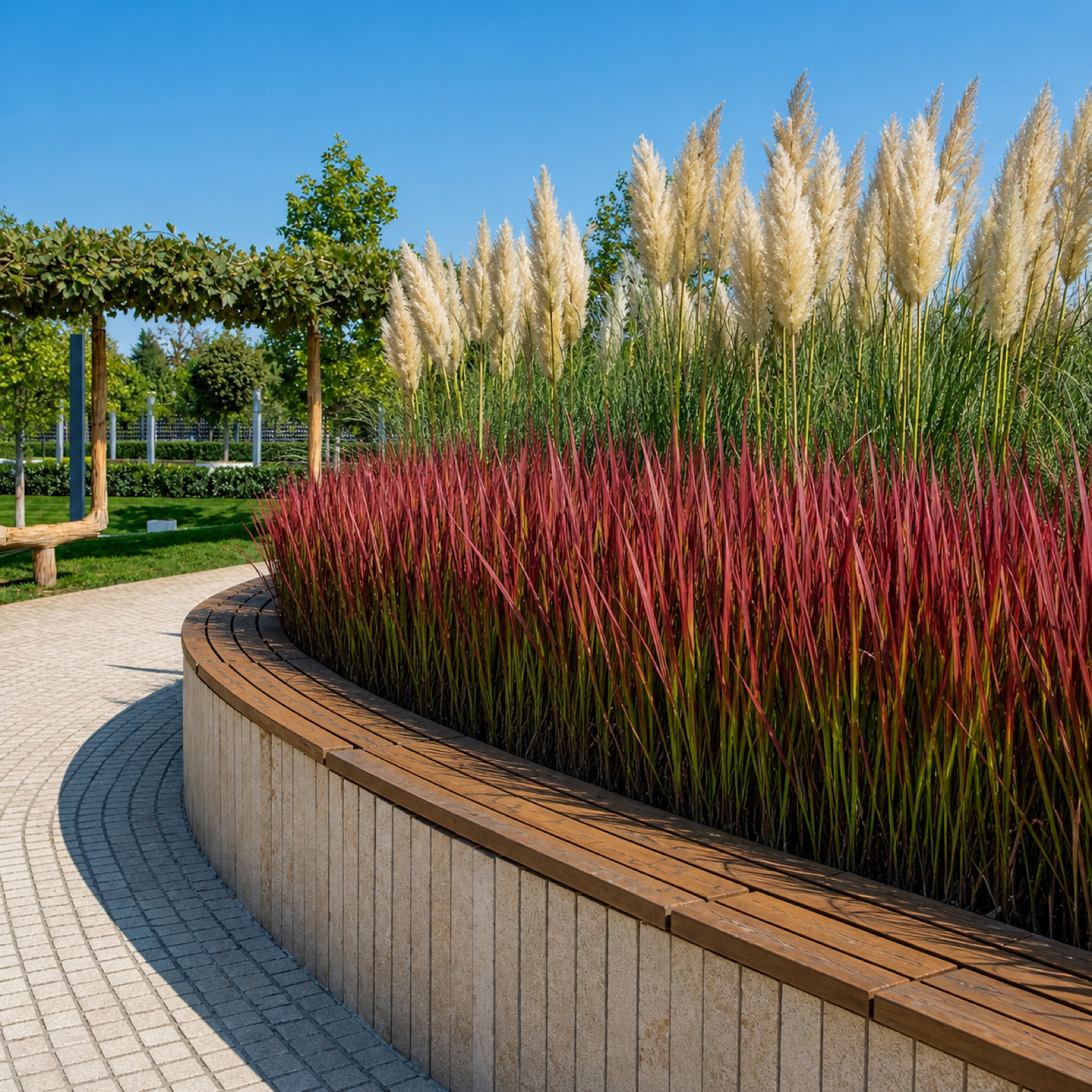 Imperata cylindrica 'Red Baron' in großflächiger Pflanzung in einer modernen Parkanlage