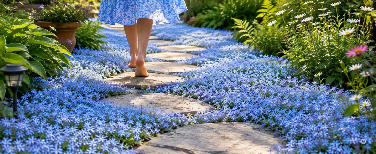 Blauer Bubikopf blüht himmelblau zwischen Trittsteinen am sonnigen Gartenweg