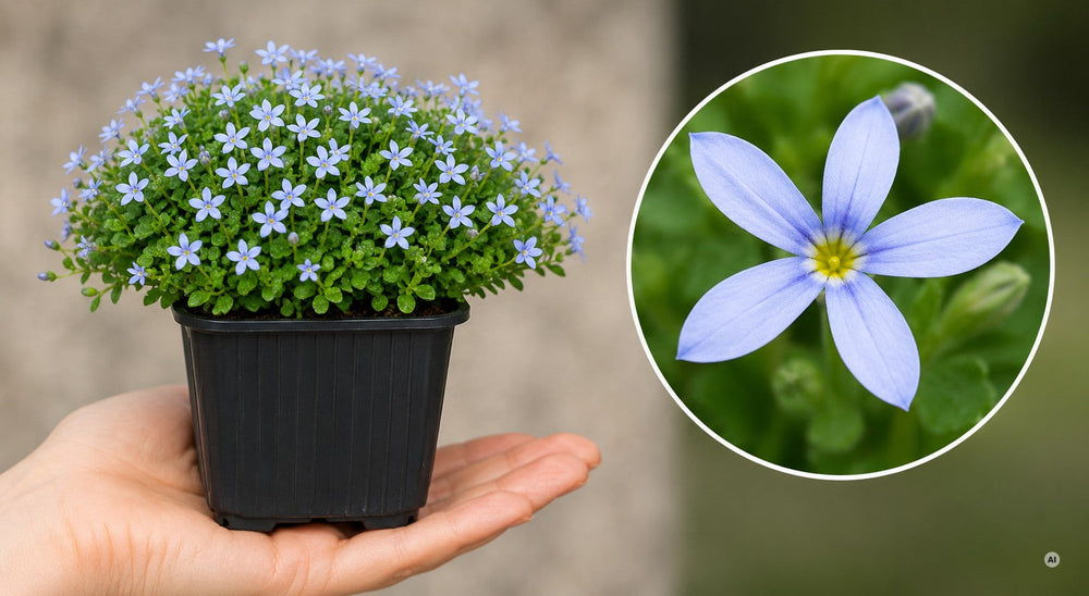 Isotoma fluviatilis im 9 × 9 cm-Topf auf der Hand, daneben eine Sternblüte in Nahaufnahme