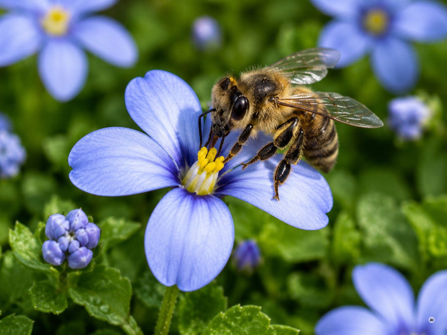Honigbiene an den hellblauen Sternblüten des Blauen Bubikopfs