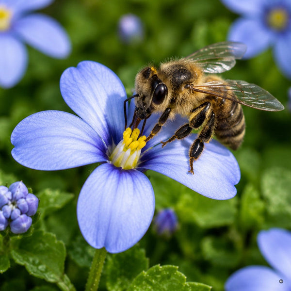 Hellblaue sternförmige Blüte des Blauen Bubikopfs in Nahaufnahme