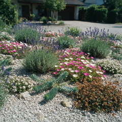 Kiesbeet-Set: Lavendel, Delosperma, Walzen-Wolfsmilch, Thymian, Fingerkraut und Stachelnuesschen in einem trockenen Kiesbeet