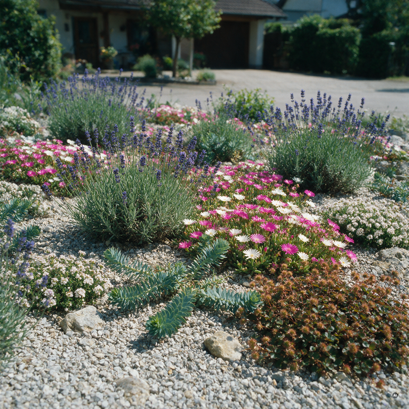 Kiesbeet-Set: Lavendel, Delosperma, Walzen-Wolfsmilch, Thymian, Fingerkraut und Stachelnuesschen in einem trockenen Kiesbeet