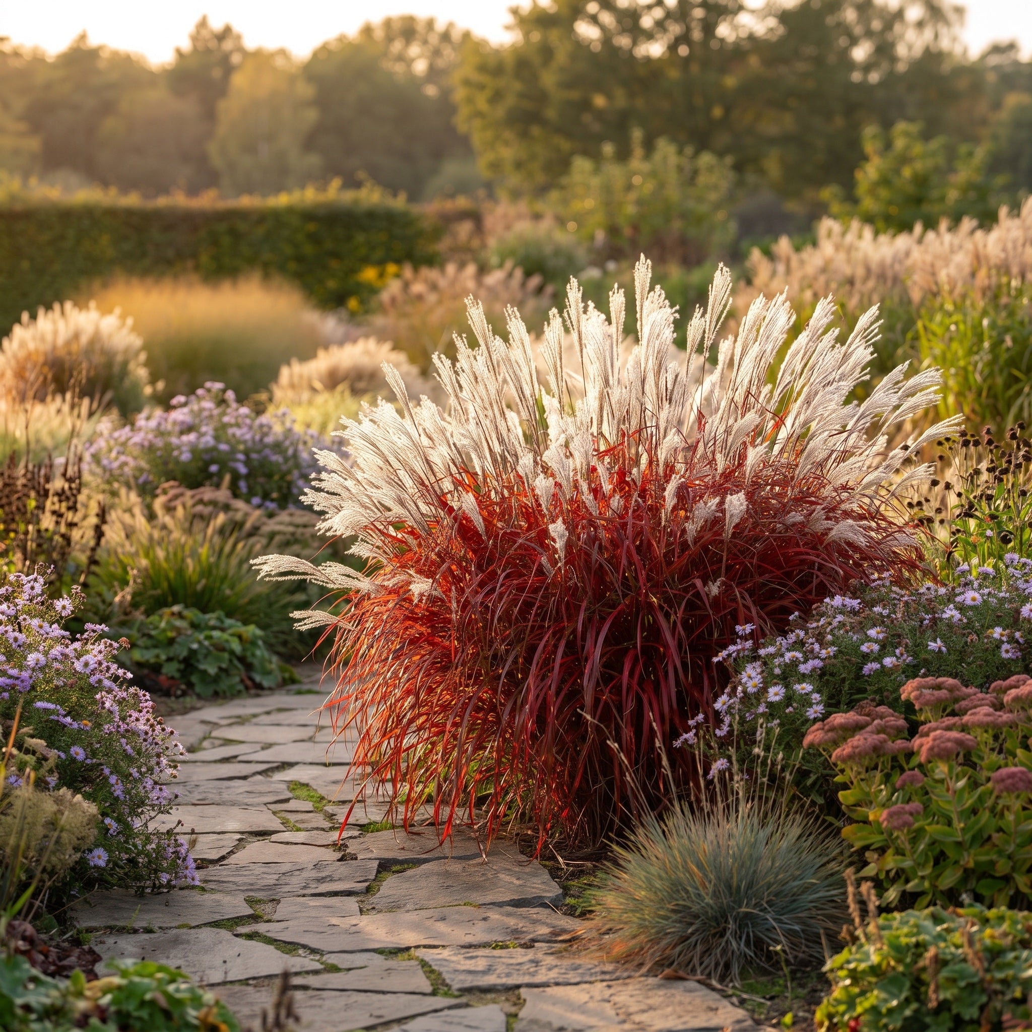 Miscanthus sinensis 'Lady in Red' im Gegenlicht: die roten Blätter leuchten von innen, die silbrigen Rispen stehen hell vor dem Gartenhintergrund