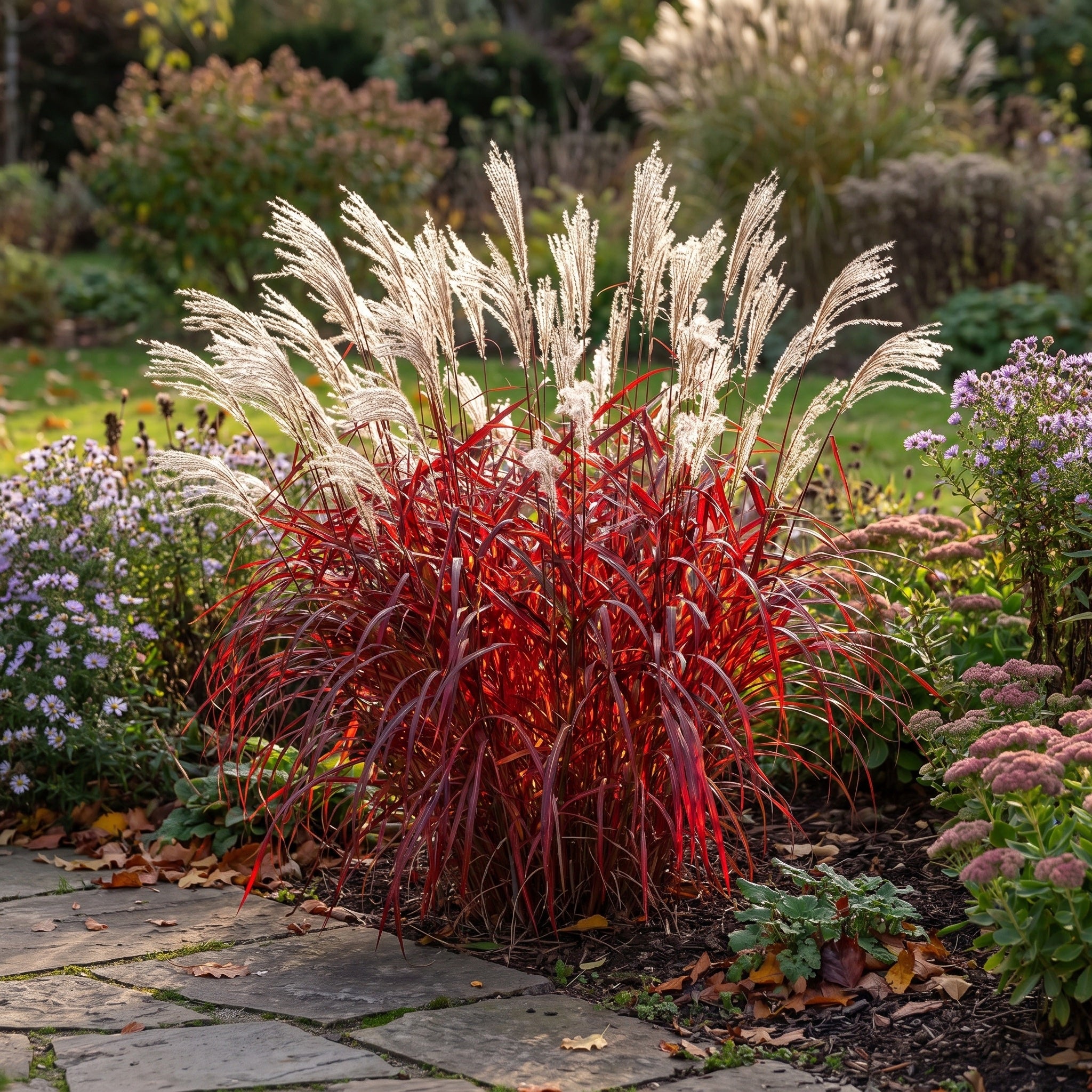Miscanthus sinensis 'Lady in Red' im Gegenlicht, zweite Ansicht: der rote Horst vor einer Staudenpflanzung, die silbrigen Rispen fächern über dem Laub auf